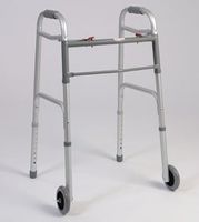 Walking Aid - 1 inch Tubbing, Dual Button folding walker, With 5 inch wheels Weight capacity of 250 lb.