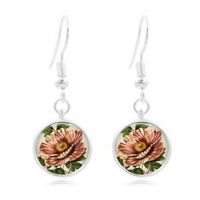 1set Flower Art Photo Tibet Silver Dome Photo 16MM Glass Cabochon Long Earrings Best Accessory Jewerly Women Fashion Stylish Bright Novelty Girls Brides