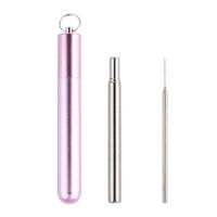 Longtong Reusable Telescopic Straw Stainless Steel Metal Drinking Collapsible Straws with Pink Aluminum Case and 1 Cleaning Brush