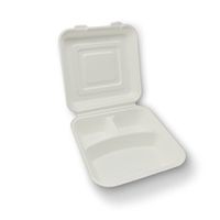 Stalkmarket 100% Compostable Sugar Cane Fiber Hinged Container, Large 3-Compartment, 200-Count Case