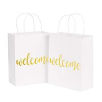 LaRibbons Medium Welcome Gift Bags - Gold Foil White Paper Bags with Handles for Wedding, Birthday, Baby Shower, Party Favors - 12 Pack - 8" x 4" x 10"
