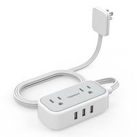 Flat Plug Extension Cord with 3 USB Ports, TESSAN Ultra Thin Power Strip with 2 AC Outlets Cruise Ship Approved, Small 5 ft Flat Cord Charging Station for Dorm Room Cruise Travel Essentials