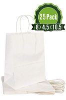 White Kraft Paper Gift Bags Bulk with Handles 8 X 4.5 X 10.5 [25Pc]. Ideal for Shopping, Packaging, Retail, Party, Craft, Gifts, Wedding, Recycled, Business, Goody and Merchandise Bag