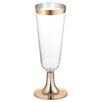 50 Plastic Gold Rimmed Champagne Flutes | 5.5 oz. Clear Hard Disposable Party & Wedding Glass | Premium Heavy Duty Fancy Cup (50-Pack) by BloominGoods