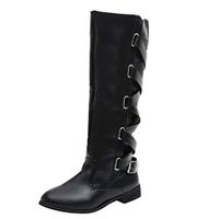 HebeTop Womens Winter Lace Up Strappy Knee High Motorcycle Riding Flat Low Heel Boots Black