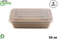 [2 Pack of 150] 34oz Compostable Eco Friendly Container Trays with Lids - Rectangular Oblong Tree Free Sugarcane Bagasse Meal Prep Bento Boxes Take Out Catering Microwavable Deep Container