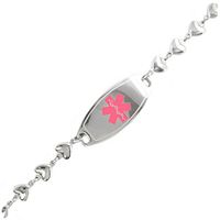 My Identity Doctor Custom Engraved Womens Medical Bracelet, Steel 6mm Heart Chain, Medium - Pink - Wrist Size 6 Inch