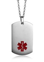 JF.MED Stainless Steel Medical Alert ID Pendant Necklace for Men & Women 24 inch,Free Engraving