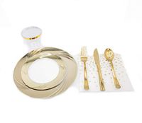 160 Piece Gold Plastic Disposable Plates and Plastic Silverware Set