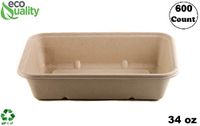 [200 Pack] 34oz Compostable Eco Friendly Container Trays - Rectangular Oblong Tree Free Sugarcane Bagasse Meal Prep Bento Boxes Take Out Catering Microwavable Deep Container by EcoQuality