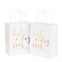 LaRibbons Medium Size Gift Bags - Gold Foil"Best day ever" White Paper Bags with Handles for Wedding, Birthday, Baby Shower, Party Favors - 12 Pack - 8" x 4" x 10"