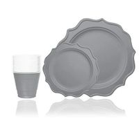 Tiger Chef 144-Pack Silver Color Round Scalloped Rim Disposable Plastic Plate Set for 48 Guests Includes 48 10-Inch Dinner Plates, 48 8-Inch Salad Plates - BPA-Free