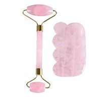 DingSheng Natural Crystal Jade Facial Roller Crystal Massager Anti-Aging Facial Jade Roller Therapy Rose Quartz Double Neck Healing Slimming Massager (Rose Quartz Set （No.2）)
