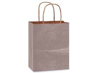 Pack Of 25, Metallic Silver Recycled Kraft Paper Shopping Bags W/Serrated Edge Tops & Sturdy Paper Twisted Handles - Cub 8 X 4.75 X 10.25" Solid Made In USA Great Wedding Gift Bags