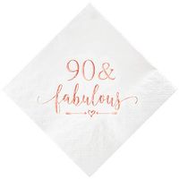 Crisky 90 and Fabulous Cocktail Napkins Rose Gold for Women 90th Birthday Decorations, 90th Birthday Bevergae Dessert Cake Table Supplies, 50Pcs, 3-Ply