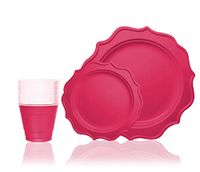 Tiger Chef 144-Pack Fuchsia Color Round Scalloped Rim Disposable Plastic Plate Set for 48 Guests Includes 48 10-Inch Dinner Plates, 48 8-Inch Salad Plates - BPA-Free