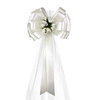 White Pull Bows with Tulle Tails and Rosebuds - 8" Wide, Set of 6, Wedding Pew Bows, Reception, Aisle Decoration, Anniversary, Valentine's Day, School Dance, Birthday, Christmas, Event Decor