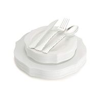 100 Piece Elegant White Disposable Plastic Plates & Plastic silverware Set Heavyweight Place Setting | Service For 20 Guests Includes 20 Dinner Plates 20 Dessert Plates 20 Forks 20 Spoons 20 Knives