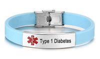 JF.JEWELRY Pre-Engraved Type 1 Diabetes Medical Alert ID Bracelet for Men Women Silicone Band Adjustable-Cyan