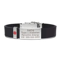 BAIYI Medical Alert ID Bracelet Black Silicone Sports Wristband with Stainless Steel Tag Free Engraving for Kids Women Men 5-9.5"