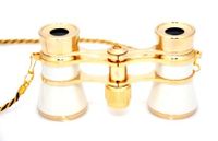 Finissimo Optics 3x25 White Opera Glasses with Chain Necklace / Theater Binoculars / with Gold Trim