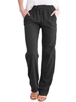 Andongnywell Women's Casual Linen Long Pants Elastic Waist Trousers Cotton Wide Drawstring Pants with Pockets (Black,Large)