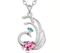 Fashion Womens Peacock Pink Crystal Rhinestone Silver Chain Pendant Necklace - Prom Woman Stylish For gift Simple Lovely Cheap Jewerly Fashionable Beads