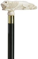 Walking Cane - Ladies white antique lion-high impact durable plastic handle, black wood shaft, 36" long with rubber tip.