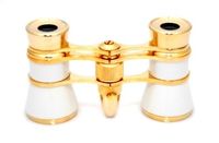 Finissimo Optics 3x25 White Opera Glasses with Red Reading LED Flashlight / Theater Binoculars / with Gold Trim