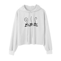 LUCAMORE Women's Cute Cat Printed Hoodie Long Sleeve Sweater Hooded Pullover Crop Top Blouse White