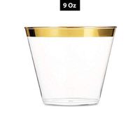 Premium 9 Oz Gold Rimmed Disposable Clear Plastic Cups - 9oz - 100 Pack - Events, Weddings and Party Tumblers (Gold Trim) | Stylish Party Tableware Accessory | 1.2 mm Gold Rim
