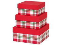 Christmas Nested Gift Box Tower, Set of 3 Stackable Square Nesting Gift Boxes with Lids, Classic Green and Red Plaid