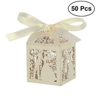 ROSENICE Wedding Sweets Boxes 50pcs Candy Gift Favour Box Couple Design Luxury Lase with Ribbon Table Decorations (Creamy-White)