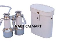 Commander's Chrome Binoculars with White Leather and White Leather Case 6"