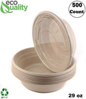 500 Count - EcoQuality 29oz Round Disposable Bowls with Lids Natural Sugarcane Bagasse Bamboo Fibers Sturdy Compostable Eco Friendly Environmental Paper Plastic Bowl Alternative Tree Free