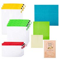 Beeswax Food Wraps Nylon Mesh Bags | 3 Beeswax Wraps with 10 Nylon Mesh Produce Bags | 13 Pcs See-Through Washable Anti-Bacterial Grocery Totes Bundle | Nylon Mesh Food Storage Green, Yellow, Red