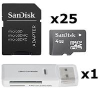 25 Pack - SanDisk 4GB MicroSDHC Memory Card SDSDQAB-004G (Bulk Packaging) LOT of 25 with Sandisk SD Adapter and 1 x USB 3.0 MicoSD & SD Memory Card Reader