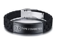 VNOX Type 2 Diabetes Medical Alert ID Black Silicone Rubber Stainless Steel Adjust Bracelet Wristband for Men