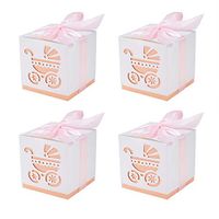 BENECREAT 50 Sets 2.4x2.4x2.4” Baby Shower Favor Box Pink Baby Carriage Printing Box with Ribbon for Candy Chocolate Treats