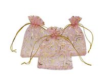 Ankirol 100pcs Eyelash Organza Wedding Favor Bags Luxury Jewelry Candy Gift Card Bags with Gold Line Drawstring Pouches (Pink, 5x7)
