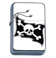 Pirate Jolly Roger Skull Flag Windproof Refillable Flip Top Oil Lighter with Tin Gift Box D-060