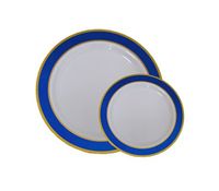 Disposable Plastic Dinner Dessert Plates With Blue and Gold Trim-40 Pack - 20 7" Dessert Plates, 20 10.25" Dinner Plates. Elegant Holiday China Like Wedding Dinnerware