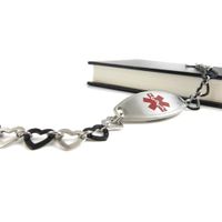 My Identity Doctor - Custom Medical Alert Bracelet with Engraving for Ladies - 1cm Steel Black Hearts - Red - Wrist Size 6.25 Inch