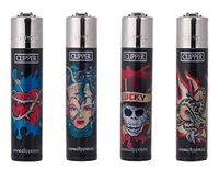 LOT OF 4 CLIPPER TATTOO REFILLABLE LIGHTERS - FULL SET