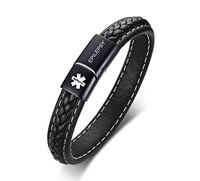VNOX Medical Alert ID Epilepsy Black Handmade Braided Genuine Leather Magnetic Cuff Bangle Bracelet,8.3"