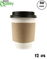 50 Pack - 12 oz Disposable White Paper Coffee Cups with Black Dome Lids and Protective Corrugated Cup Sleeves - Perfect Disposable Travel Mug for Home, Office, Coffee Shop, Travel, Tea