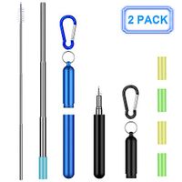 2 Pack Collapsible Reusable Straws Telescopic Stainless Steel Metal Straws with Portable Aluminum Travel Case & Cleaning Brush & Keychain & Silicone Tips for Cold or Hot Drinks (Royal Blue/Black)