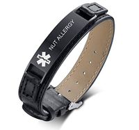 VNOX NUT Allergy Black Stainless Steel Meidcal Alert ID Genuine Leather Adjustable Bracelet,6.7"-8.5"