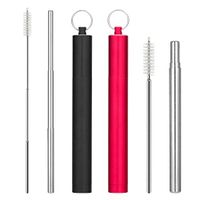Angole 2 Pack Reusable Metal Straws Collapsible Stainless Steel Drinking Straw 9 Inch Portable Telescopic Travel Straw with Case & Cleaning Brush for Large and Small Tumlers/Mason Jar