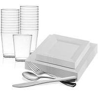 Kaya Collection - Square White Disposable Plastic Dinnerware Party Package - 20 Person Package - Includes Dinner Plates, Salad/Dessert Plates, Silver Cutlery and Tumblers